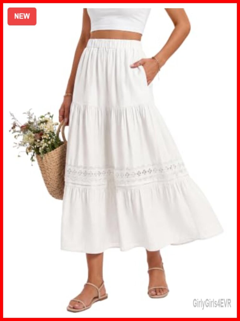 High Waist Maxi Skirt with Pockets Lace Trim Flowy A-Line